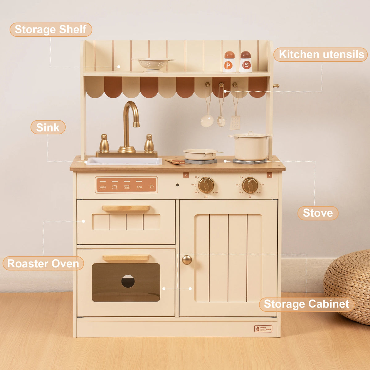 Robud Wooden Play Kitchen For Kids With Cutting Food Set