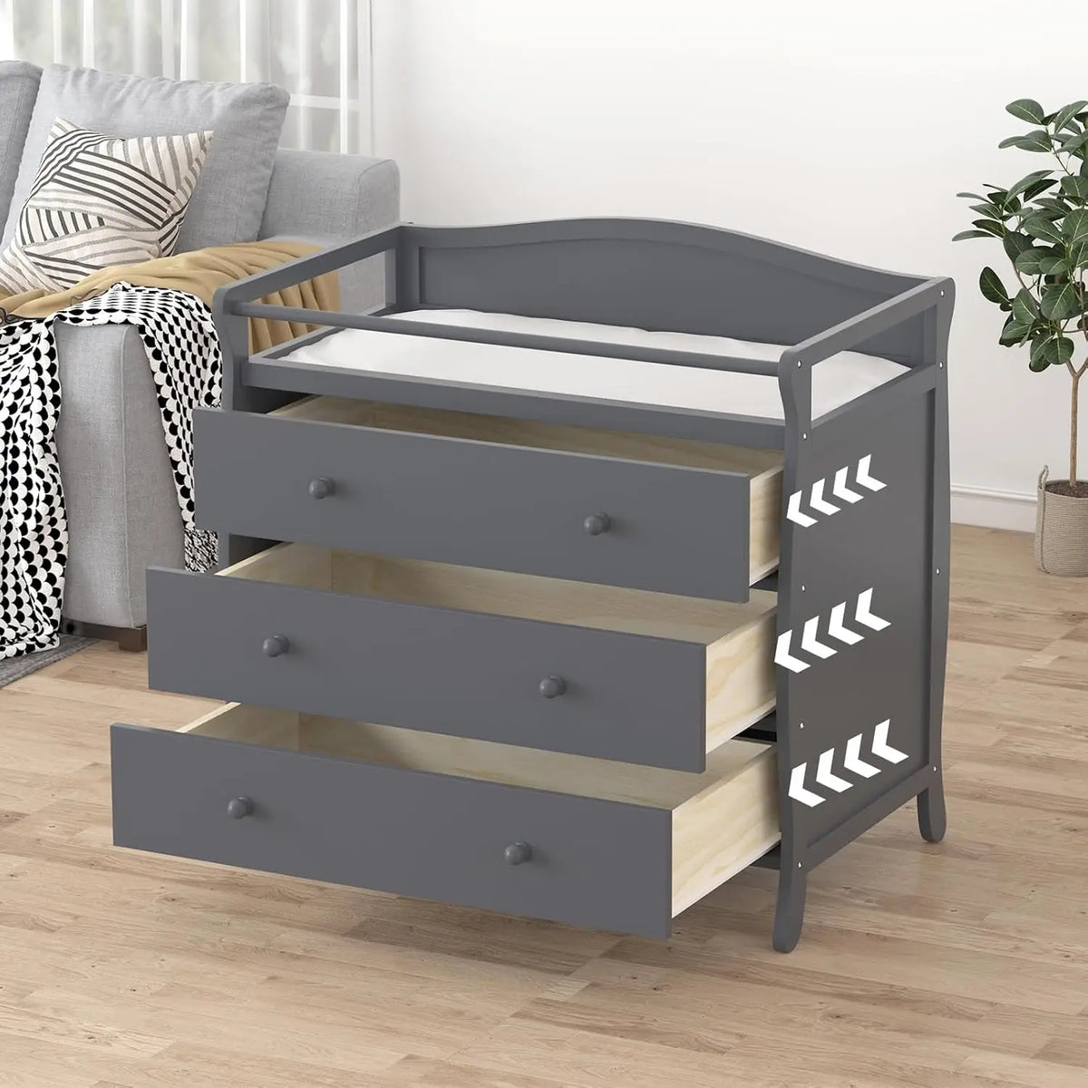 HiMiss Wooden Baby Changing Table With Drawers And Safety Rails