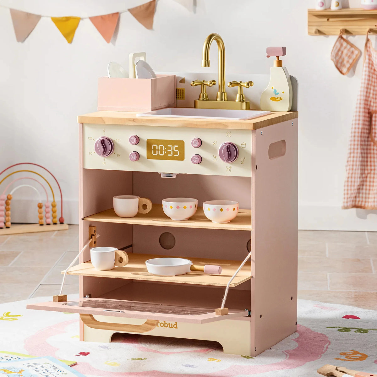 Robud Kids Wooden Corner Play Kitchen Set Oven Refrigerator Washer