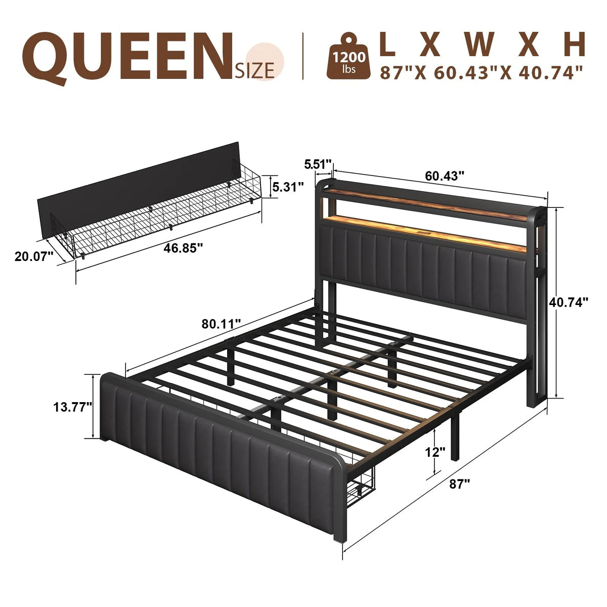 LED Bed Frame With Charging Station And Upholstered Storage Headboard