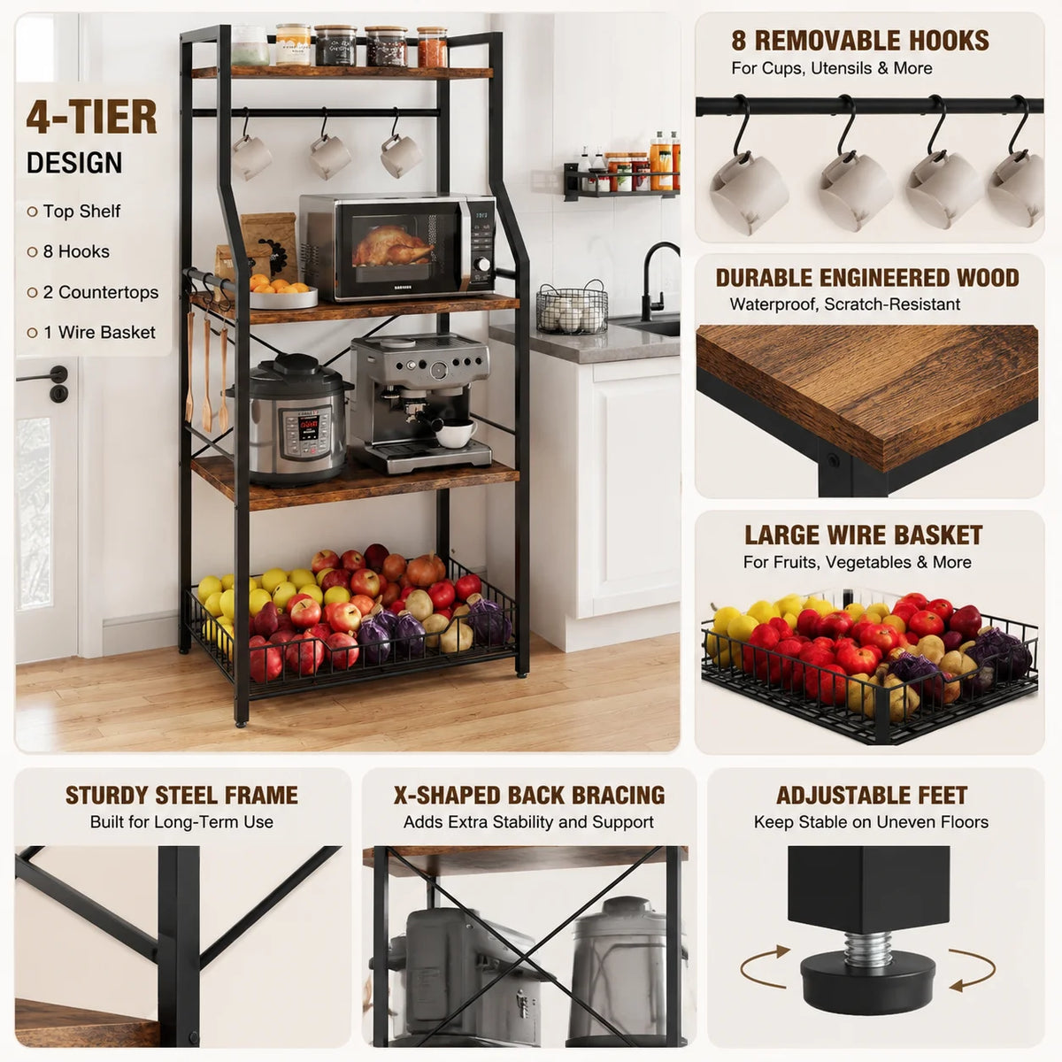 Industrial 4 Tier Steel Bakers Rack With Wire Basket Hooks