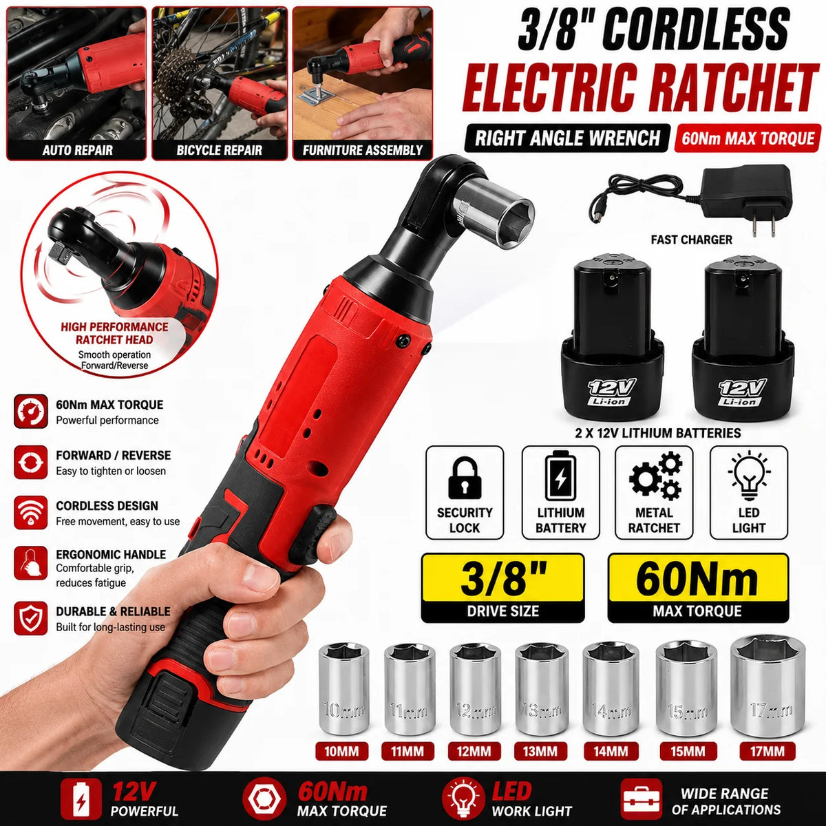Cordless 12V Right Angle Electric Ratchet Wrench For Auto Repair