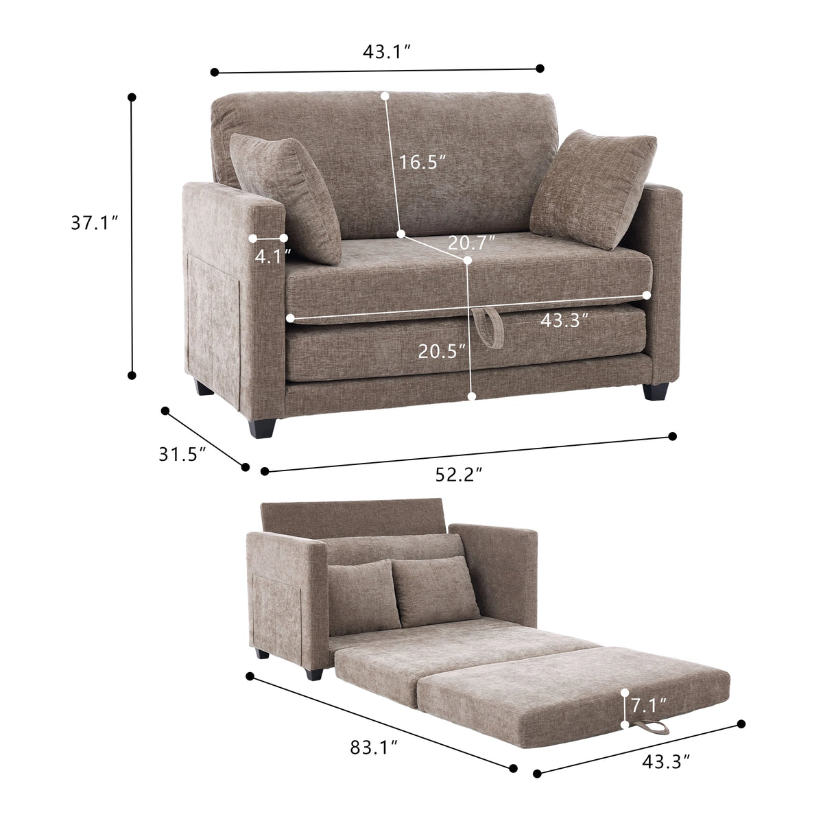 Gaohappy Velvet Upholstered Pullout Sleeper Loveseat With Wood Frame