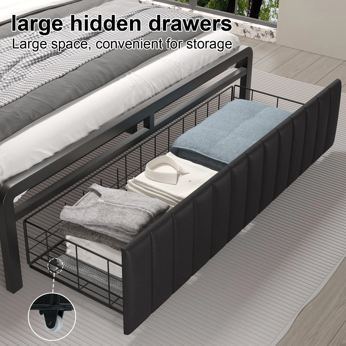 LED Bed Frame With Charging Station And Upholstered Storage Headboard