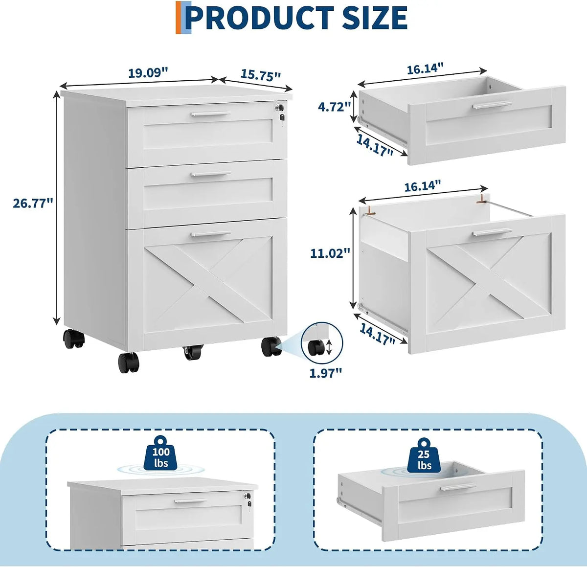 HiMISS Three Drawer Wooden Mobile Filing Cabinet With Lock