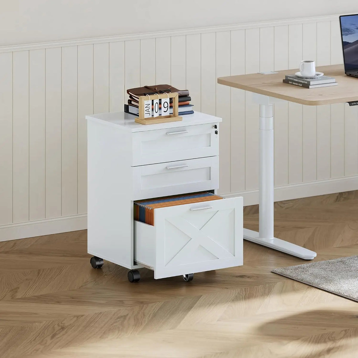 HiMISS Three Drawer Wooden Mobile Filing Cabinet With Lock