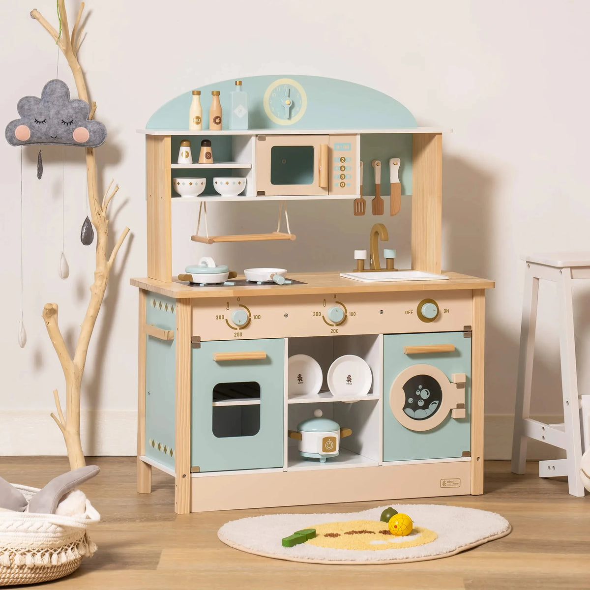 Robud Kids Wooden Play Kitchen Set All In One With Oven Refrigerator