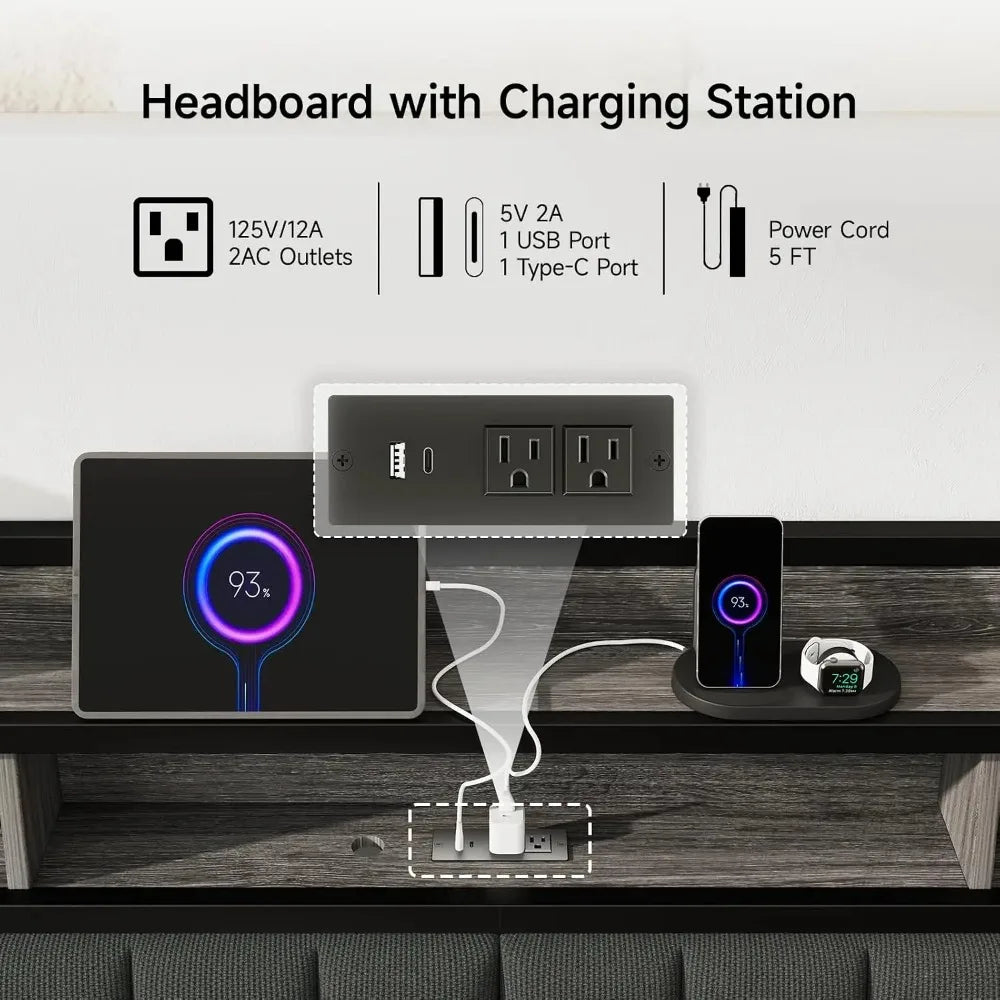 Upholstered Headboard With Storage And Led Charging Station
