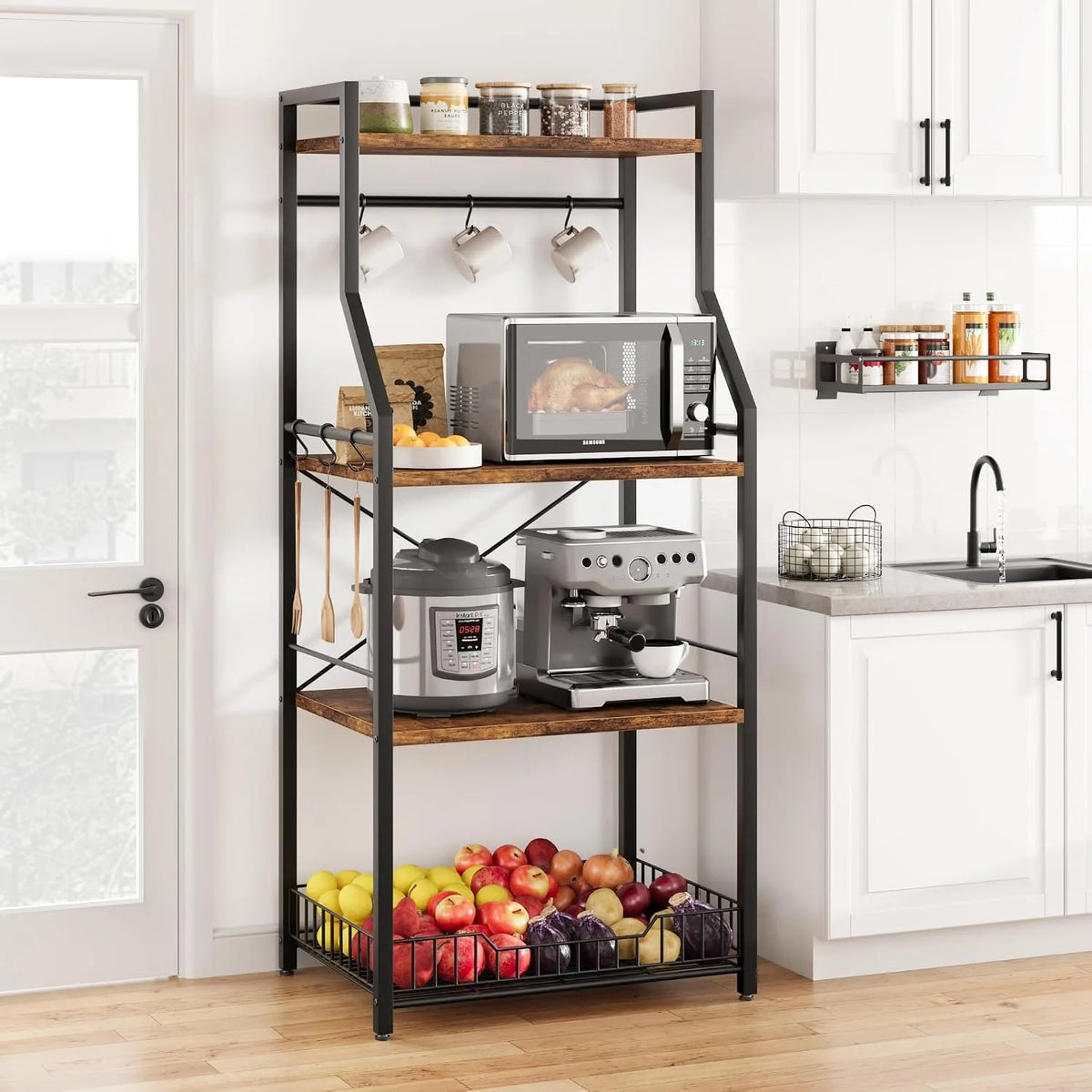 Industrial 4 Tier Steel Bakers Rack With Wire Basket Hooks
