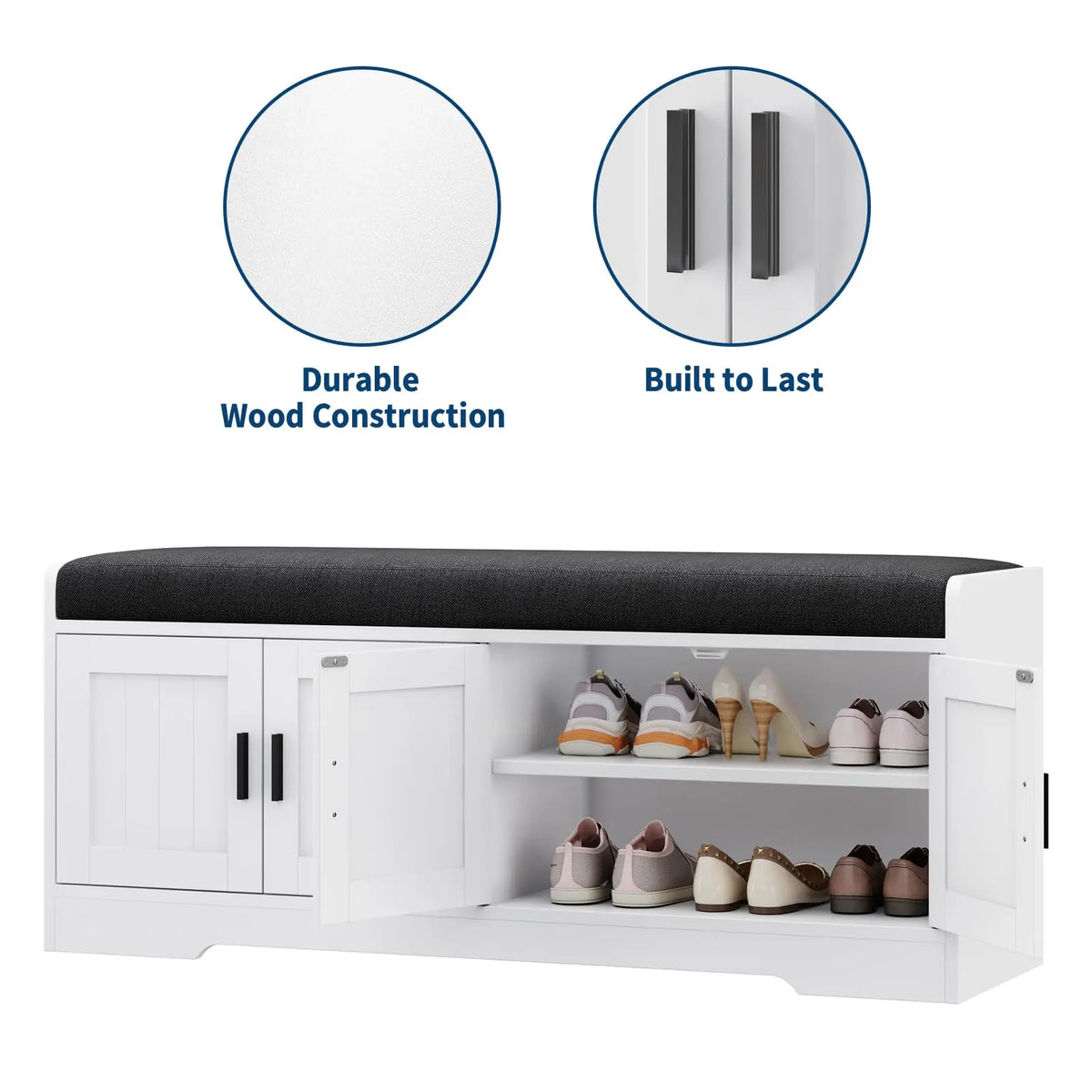 HiMISS Wood Storage Bench With Padded Cushion And Shoe Cabinet