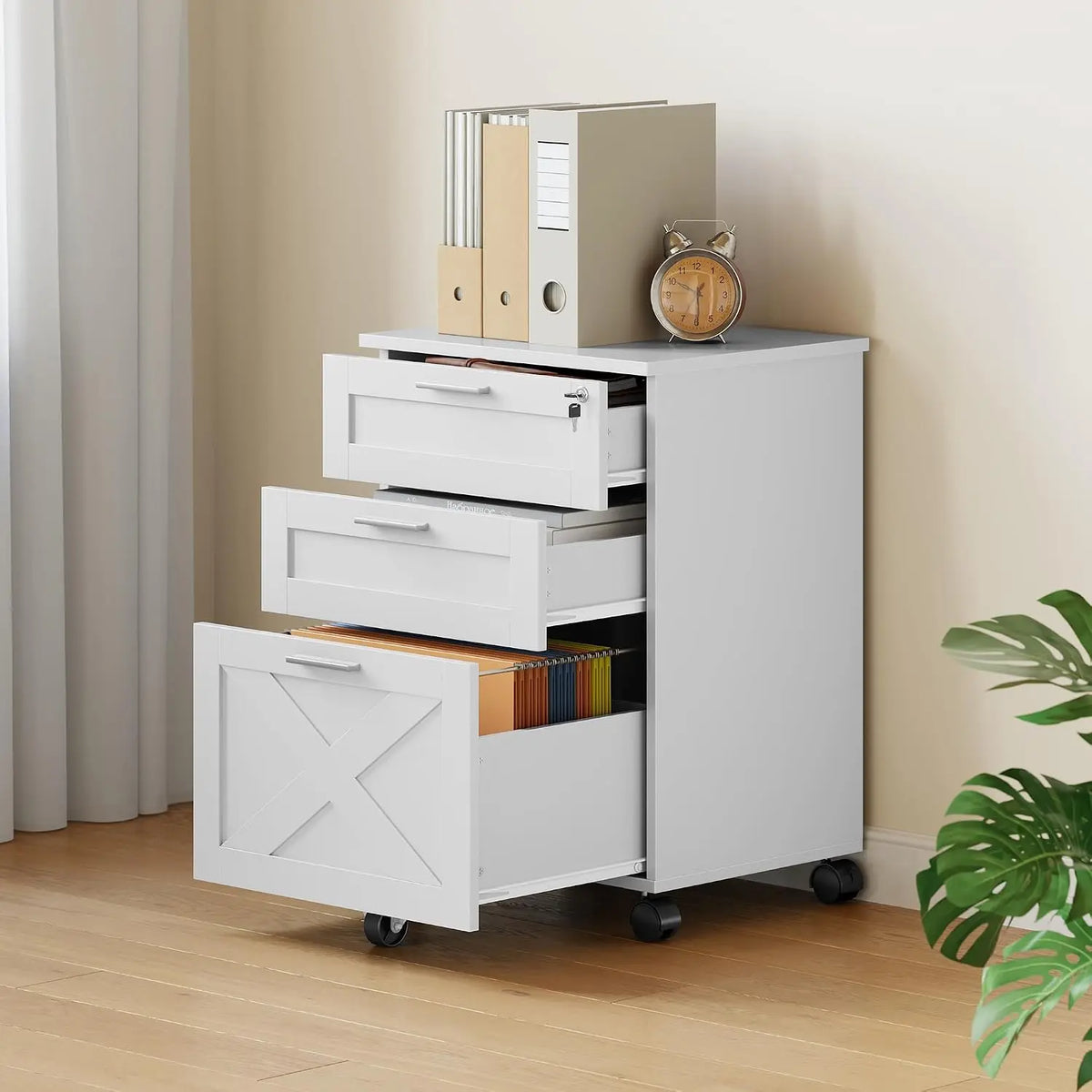 HiMISS Three Drawer Wooden Mobile Filing Cabinet With Lock