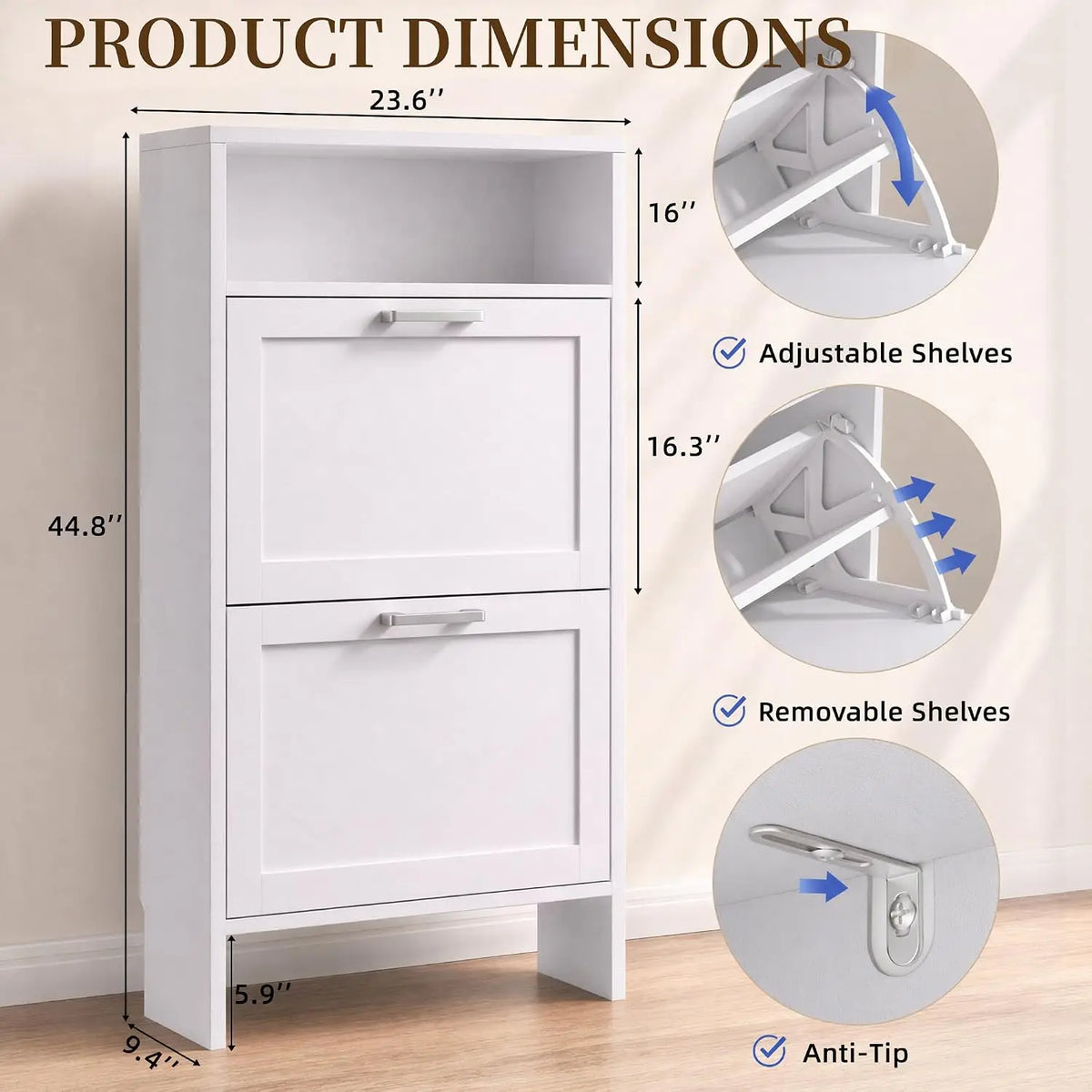Wooden Shoe Storage Cabinet With Double Layer Flip Drawers