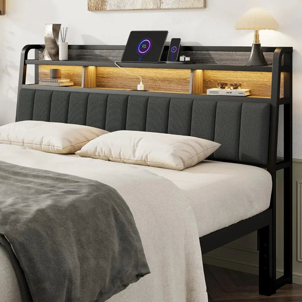 Upholstered Headboard With Storage And Led Charging Station