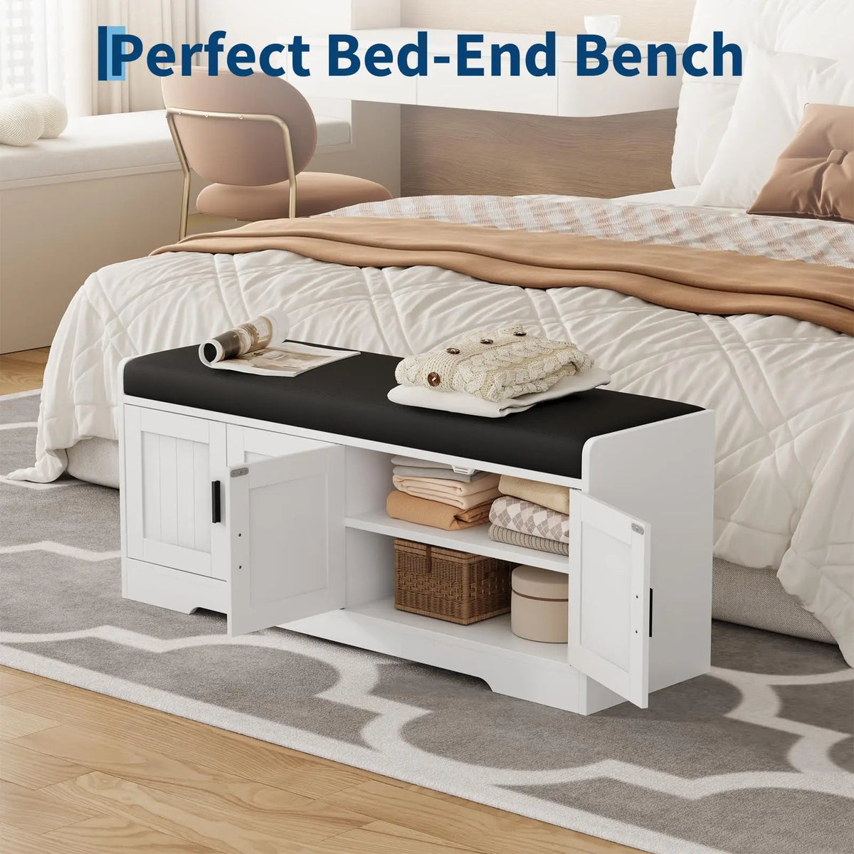 HiMISS Wood Storage Bench With Padded Cushion And Shoe Cabinet