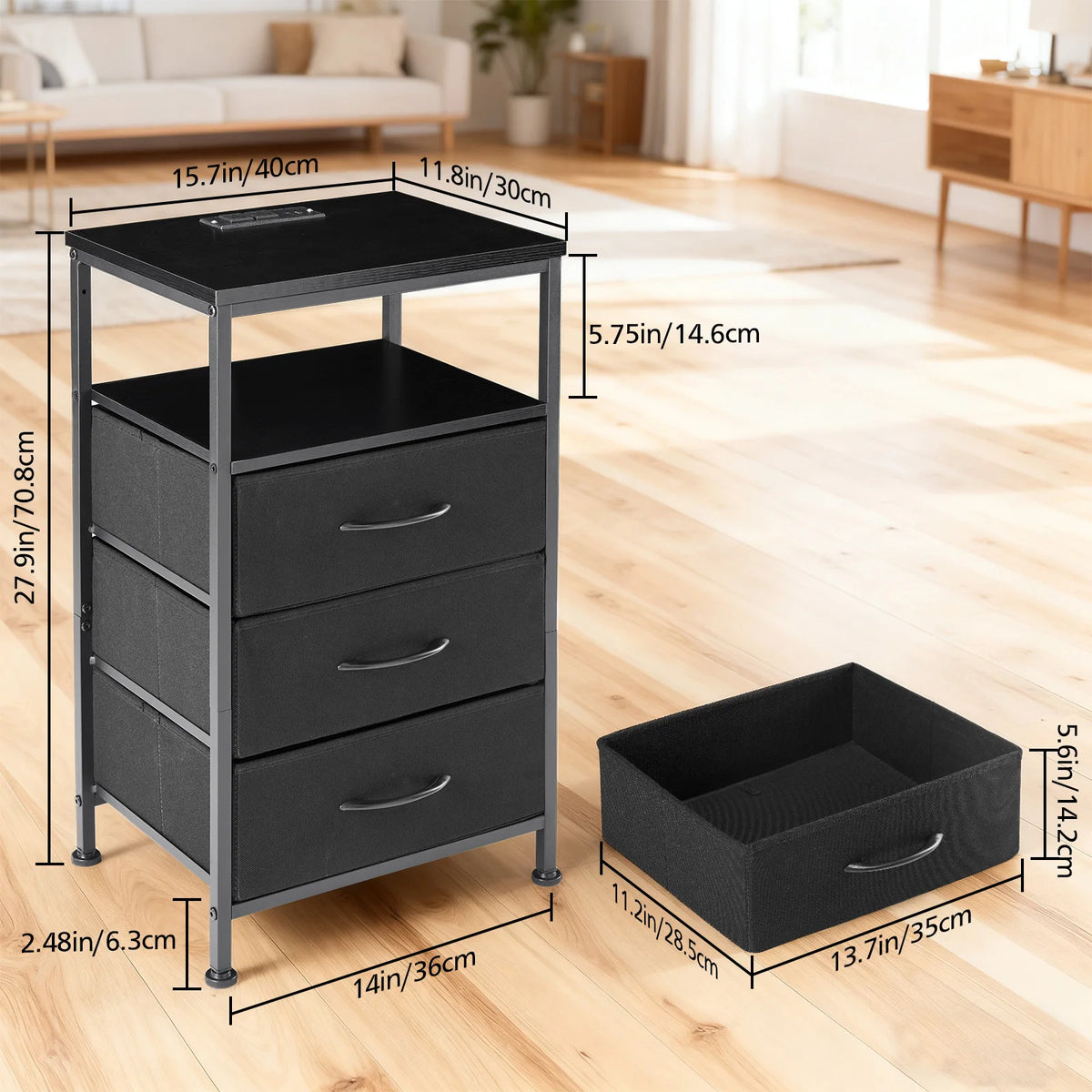JHK 3 Drawer Bedside Table With Usb Charging Nightstand