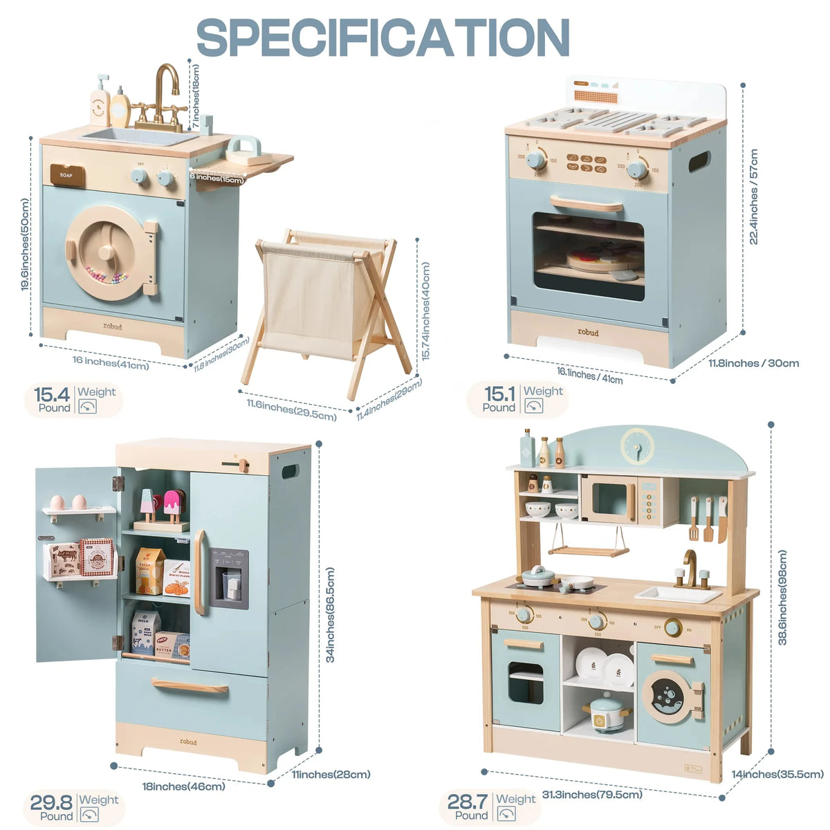 Robud Kids Wooden Play Kitchen Set All In One With Oven Refrigerator