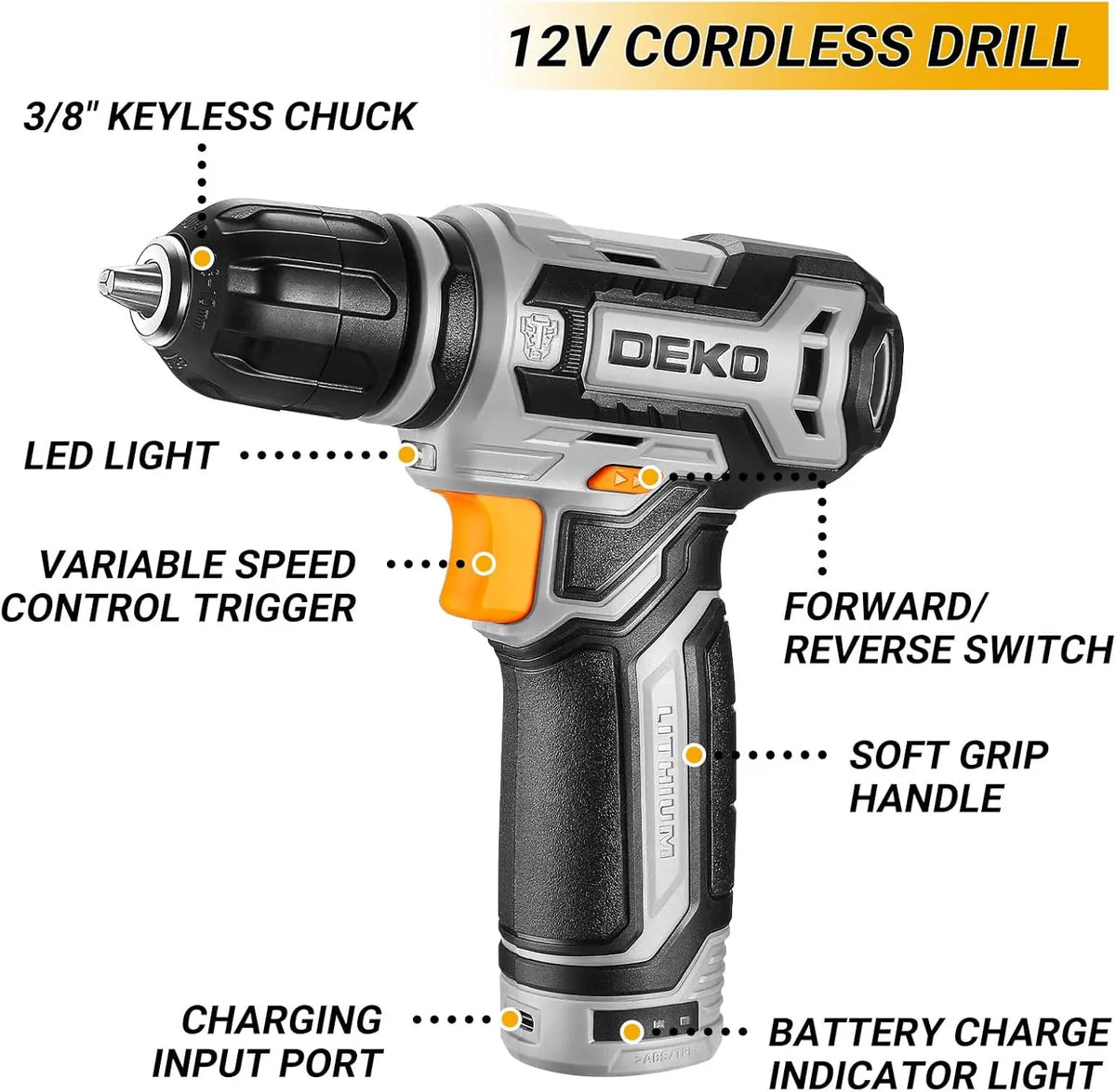 DEKO 12V Cordless Drill Toolbox Combo Kit With Storage