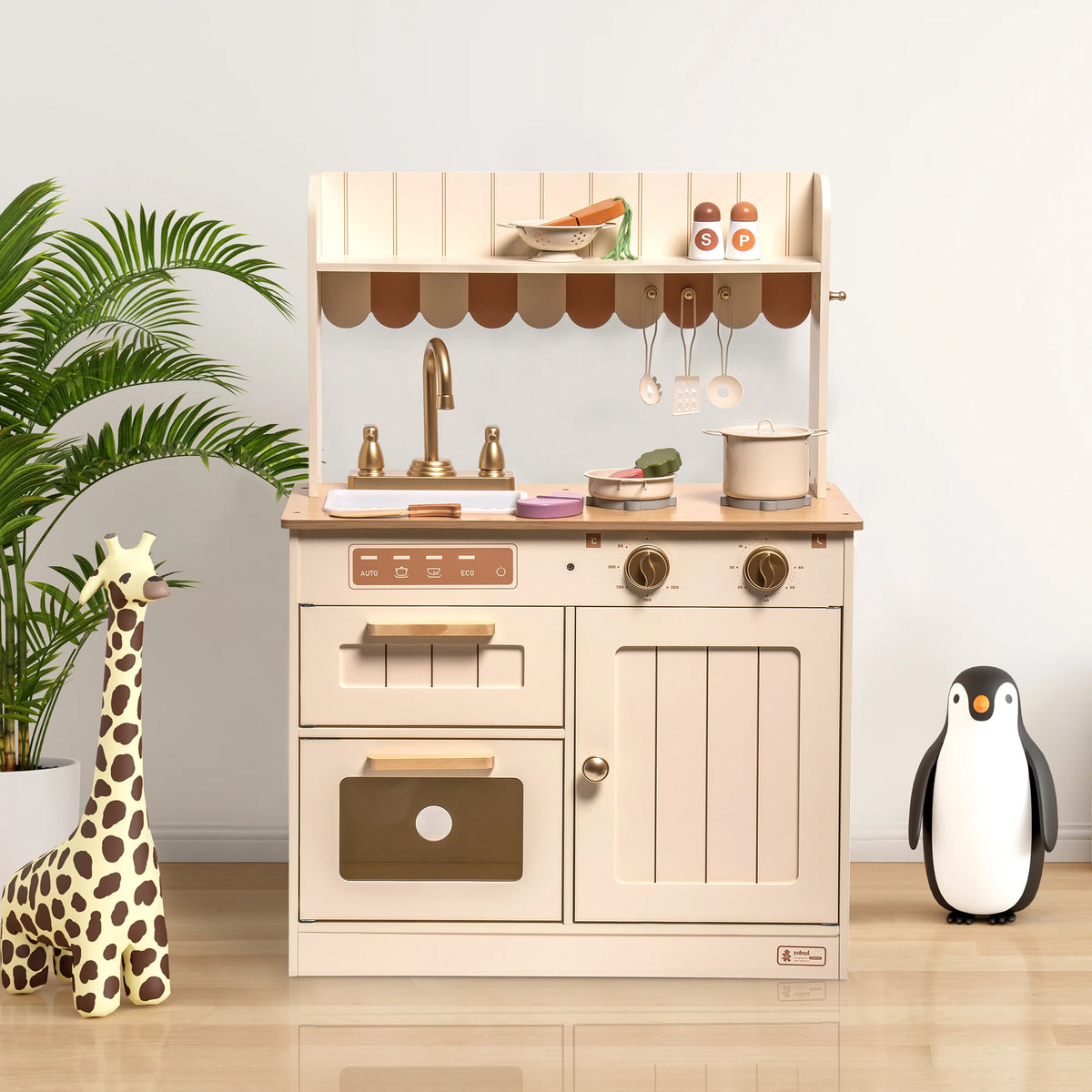 Robud Wooden Play Kitchen For Kids With Cutting Food Set