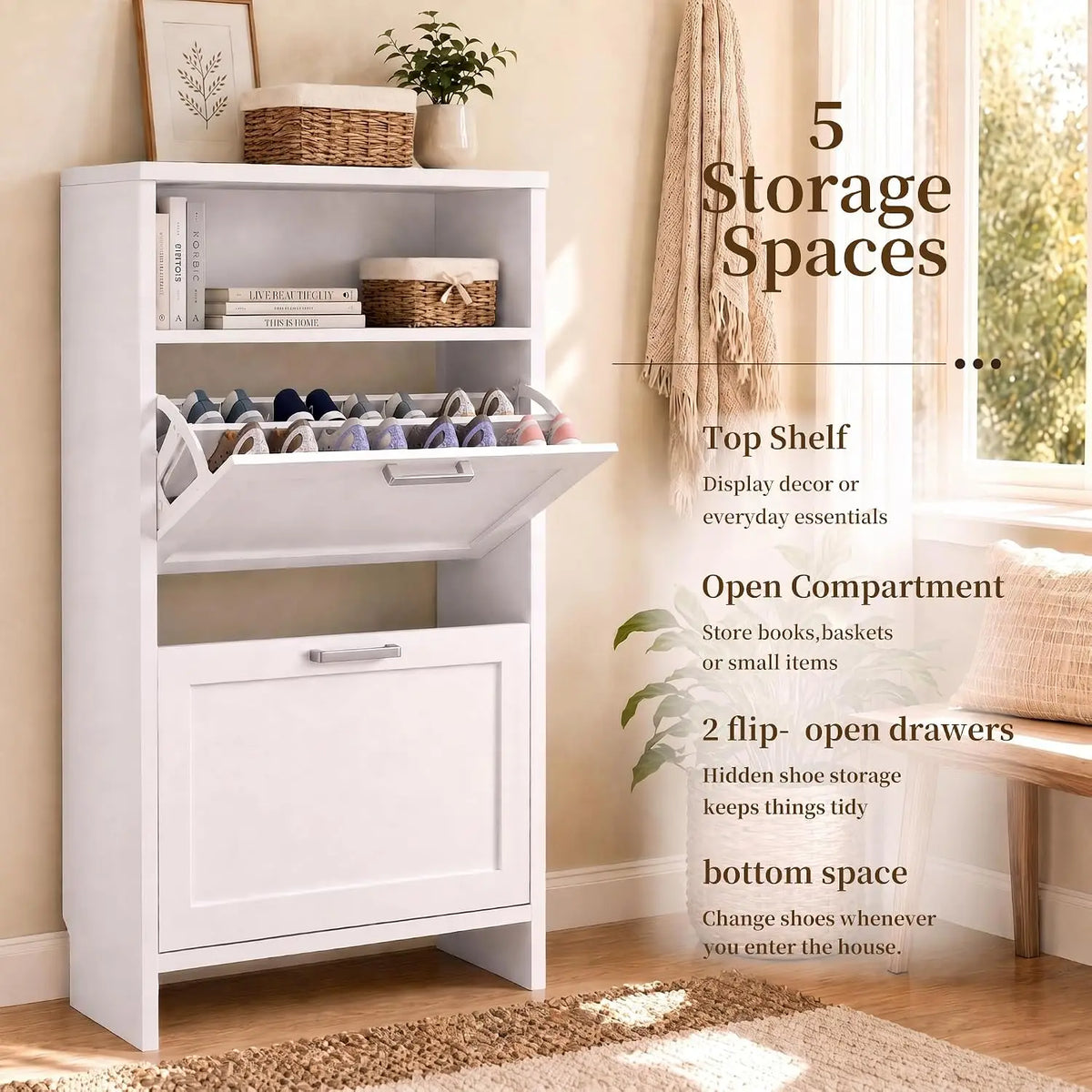 Wooden Shoe Storage Cabinet With Double Layer Flip Drawers