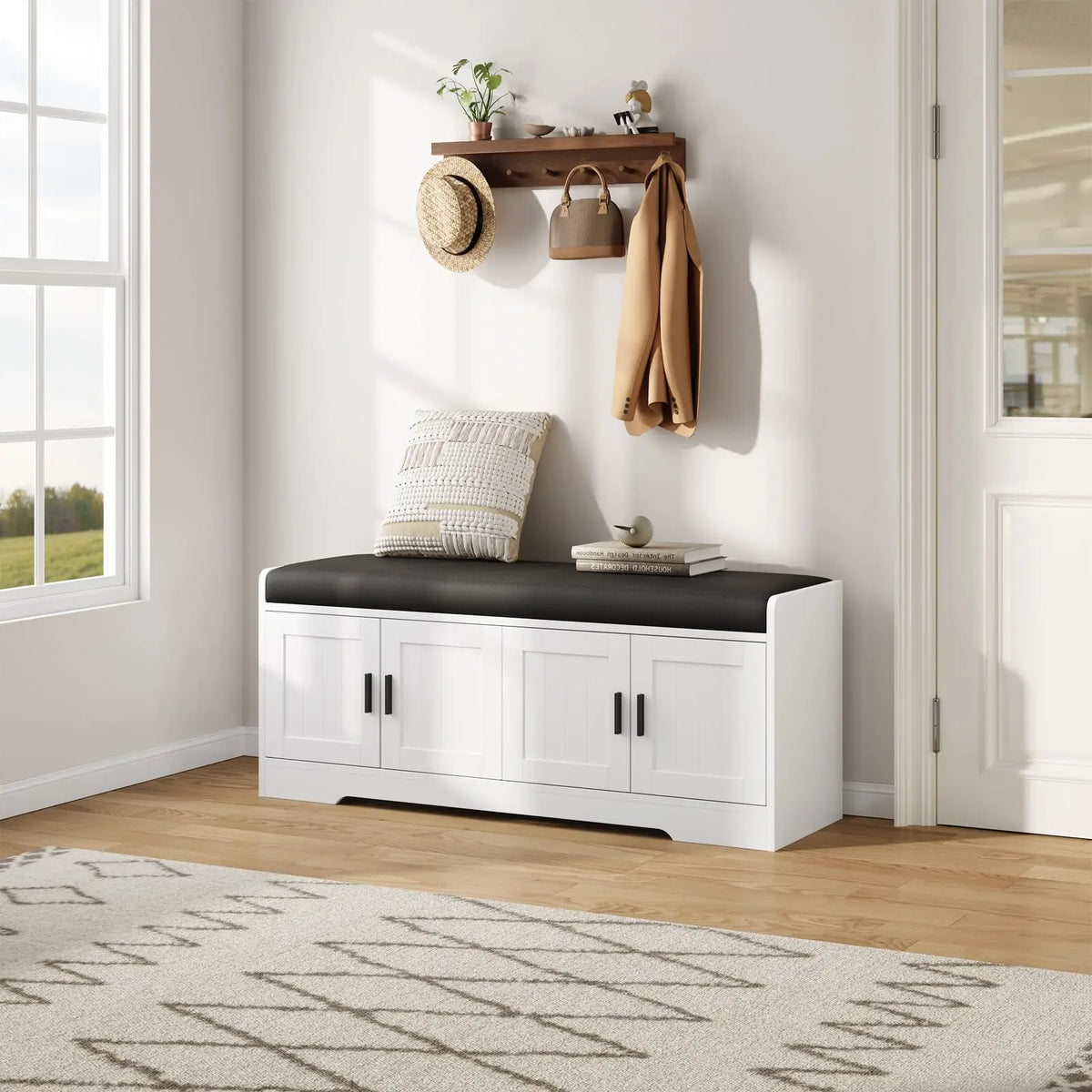 HiMISS Wood Storage Bench With Padded Cushion And Shoe Cabinet