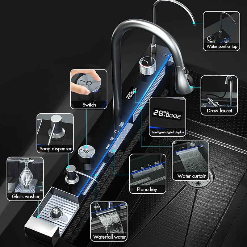 MYQualife 304 Stainless Steel Digital Display Kitchen Sink Faucet Set