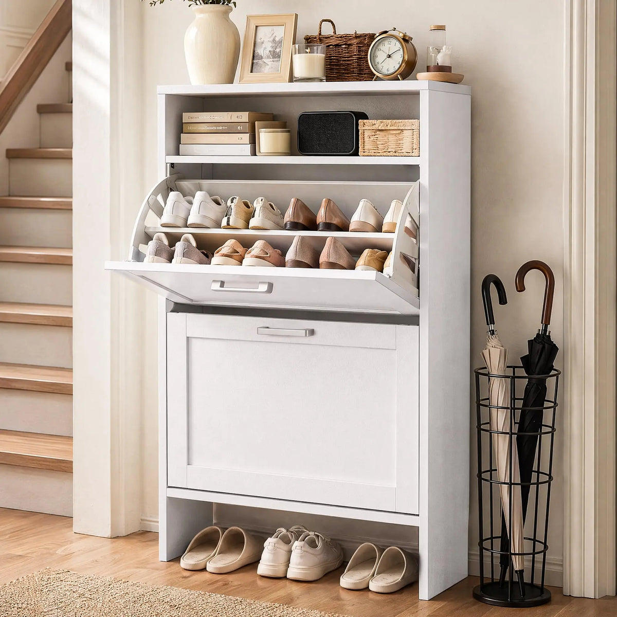 Wooden Shoe Storage Cabinet With Double Layer Flip Drawers