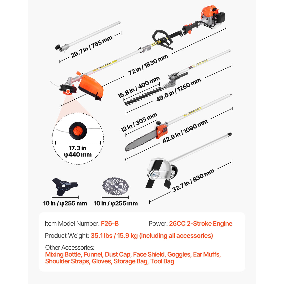 SucceBuy Gas Hedge Trimmer 2 Cycle Gas Power Handheld Hedge Trimmer Weed Eater with Protective Gear Set for Trimming Shrub Bush
