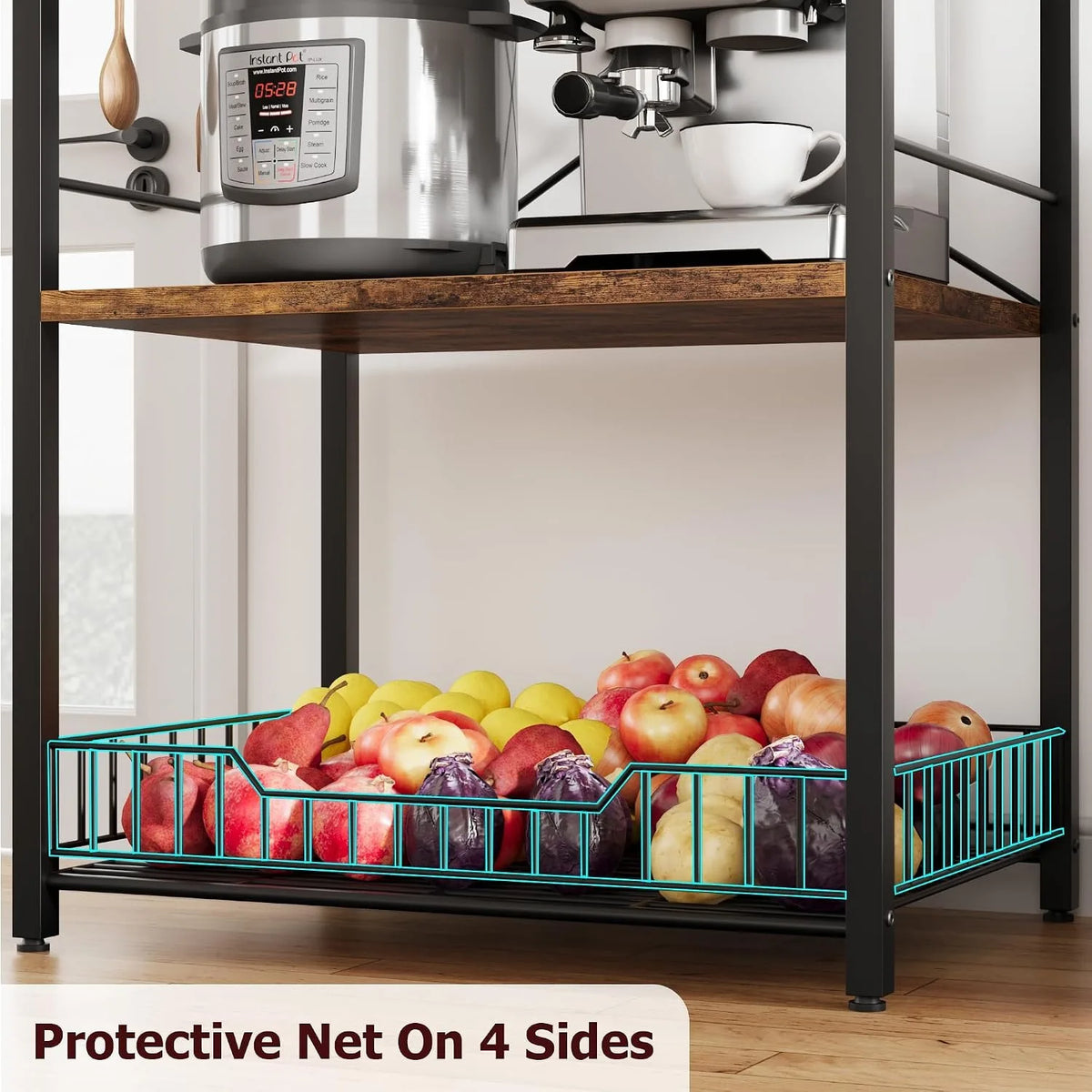 Industrial 4 Tier Steel Bakers Rack With Wire Basket Hooks