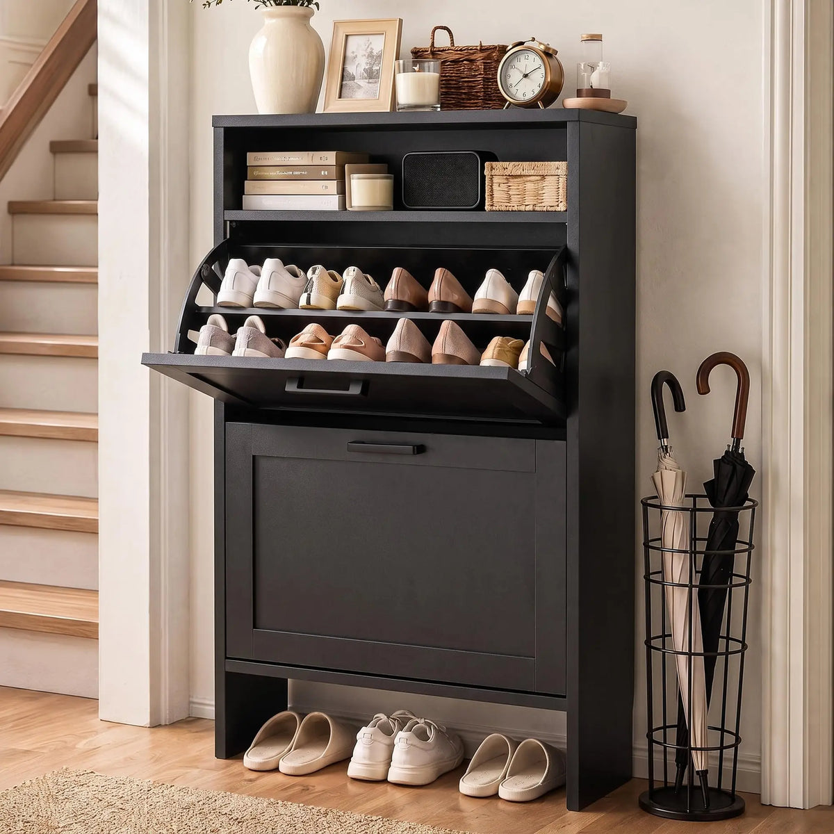 Wooden Shoe Storage Cabinet With Double Layer Flip Drawers