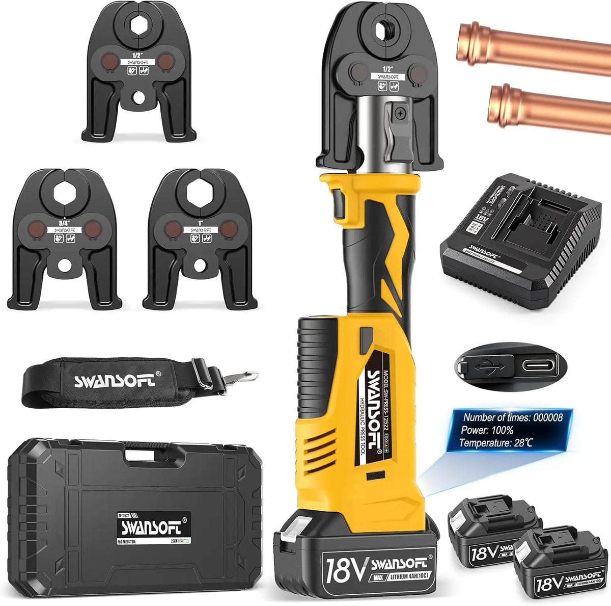 Swansoft 18V 22kN Rechargeable Electric Copper Pipe Press Tool