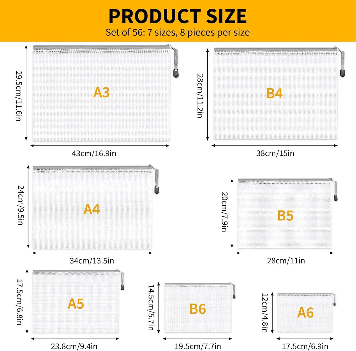 56 Pack Waterproof PVC Mesh Zipper Document Storage Pouches