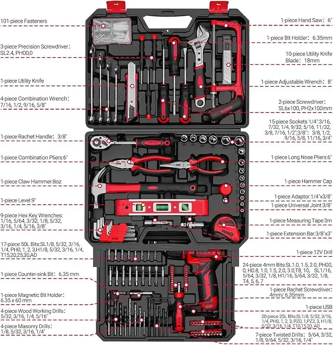DEKO 12V Cordless Drill Toolbox Combo Kit With Storage
