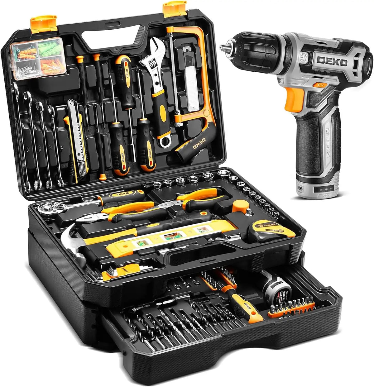 DEKO 12V Cordless Drill Toolbox Combo Kit With Storage