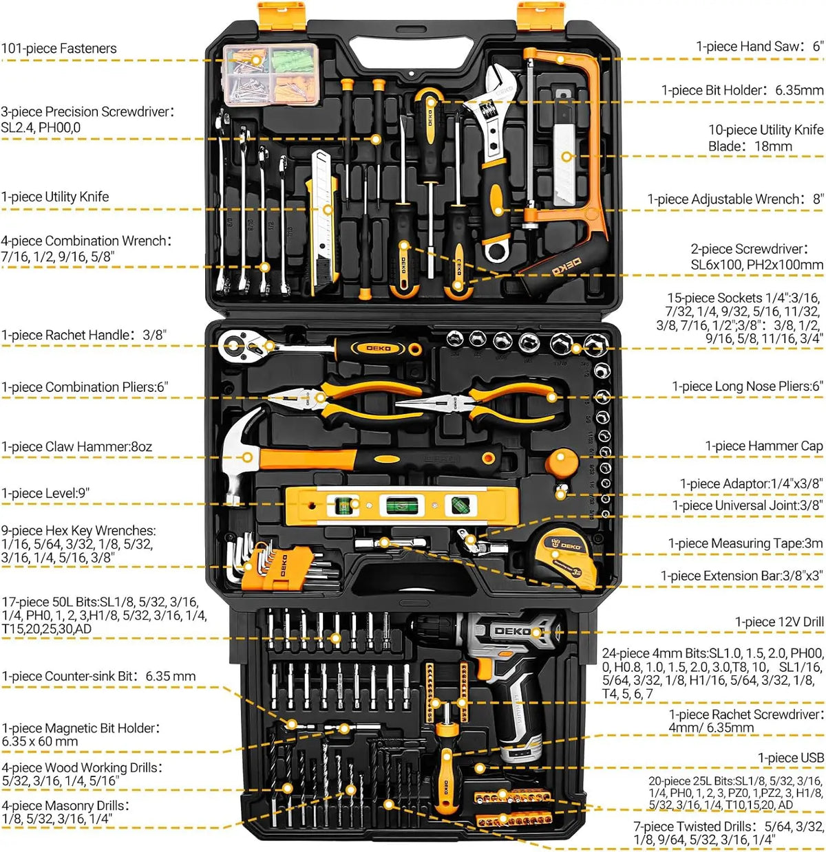 DEKO 12V Cordless Drill Toolbox Combo Kit With Storage