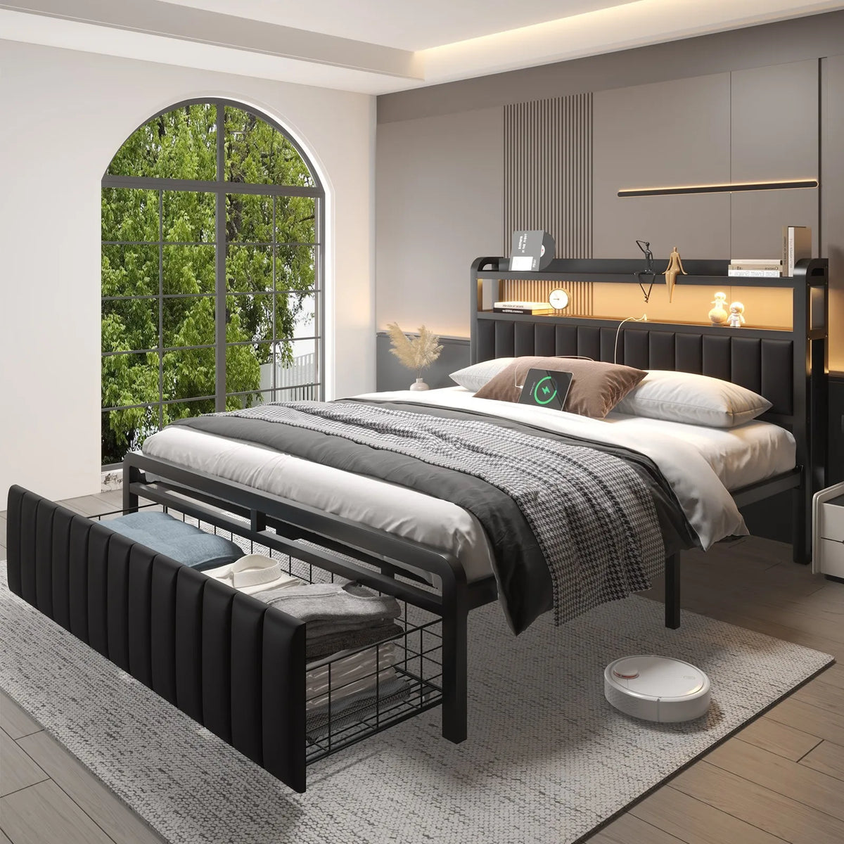 LED Bed Frame With Charging Station And Upholstered Storage Headboard