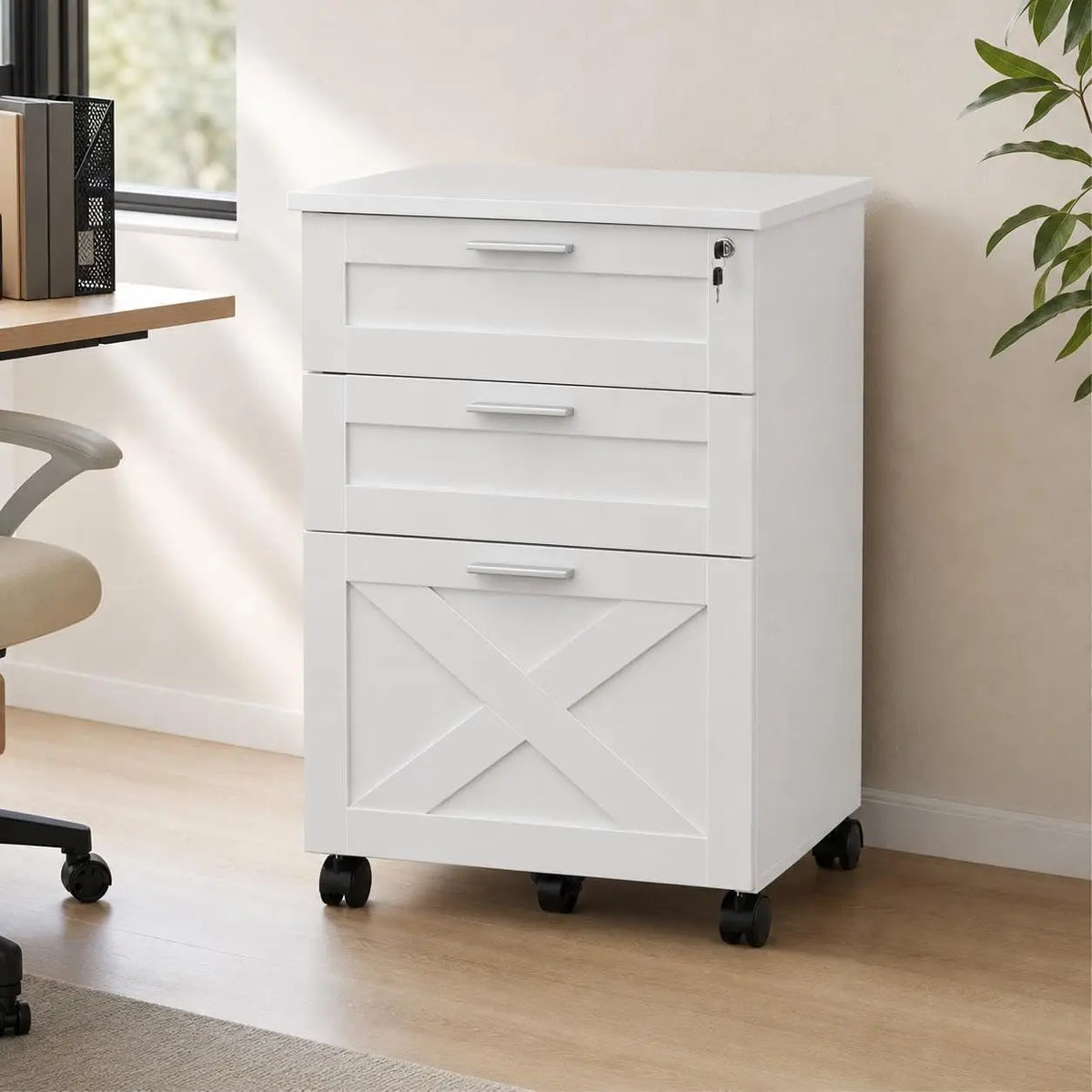 HiMISS Three Drawer Wooden Mobile Filing Cabinet With Lock