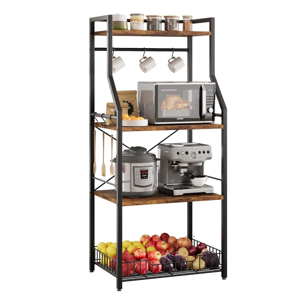 Industrial 4 Tier Steel Bakers Rack With Wire Basket Hooks