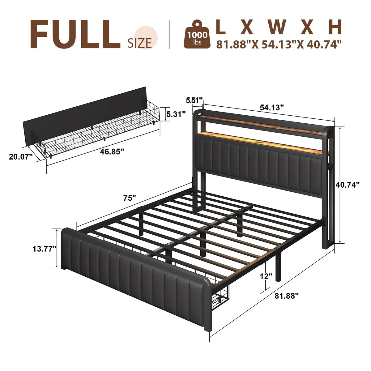 LED Bed Frame With Charging Station And Upholstered Storage Headboard
