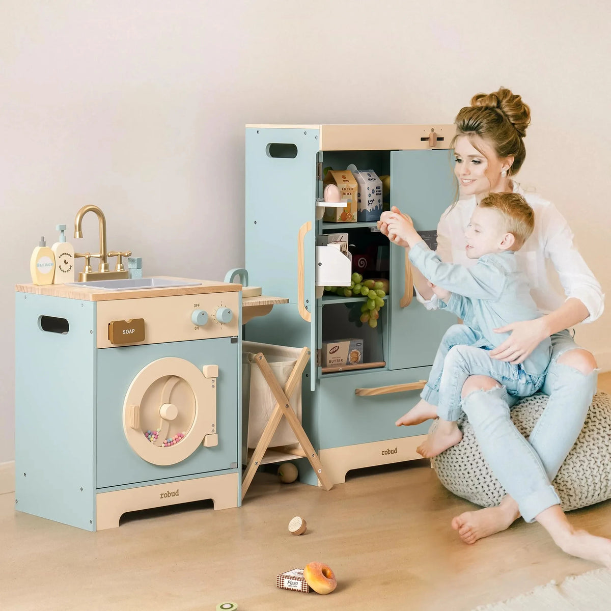 Robud Kids Wooden Play Kitchen Set All In One With Oven Refrigerator