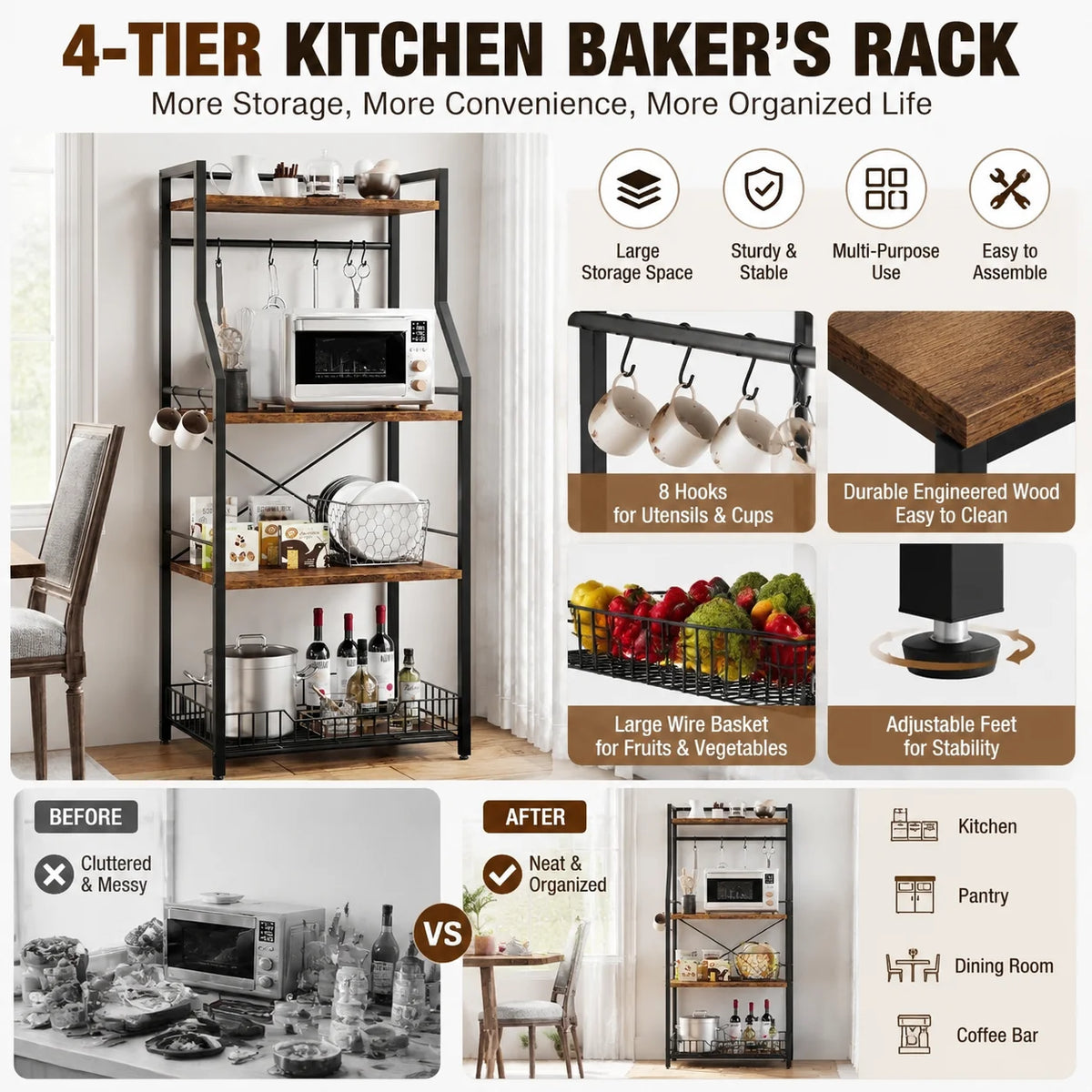 Industrial 4 Tier Steel Bakers Rack With Wire Basket Hooks
