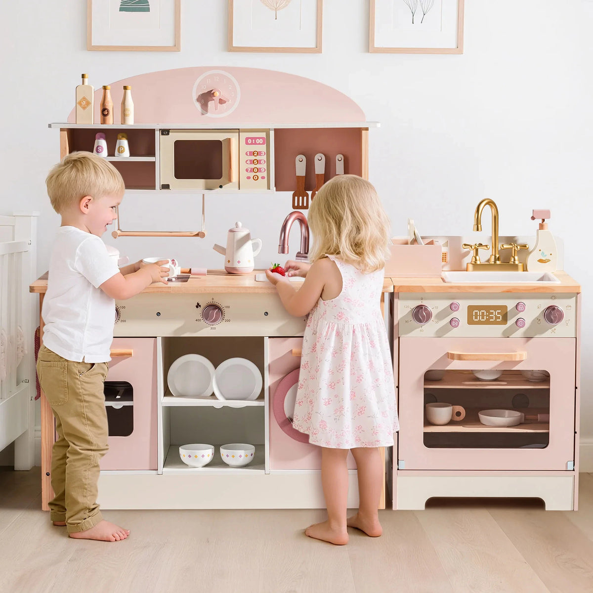 Robud Kids Wooden Corner Play Kitchen Set Oven Refrigerator Washer