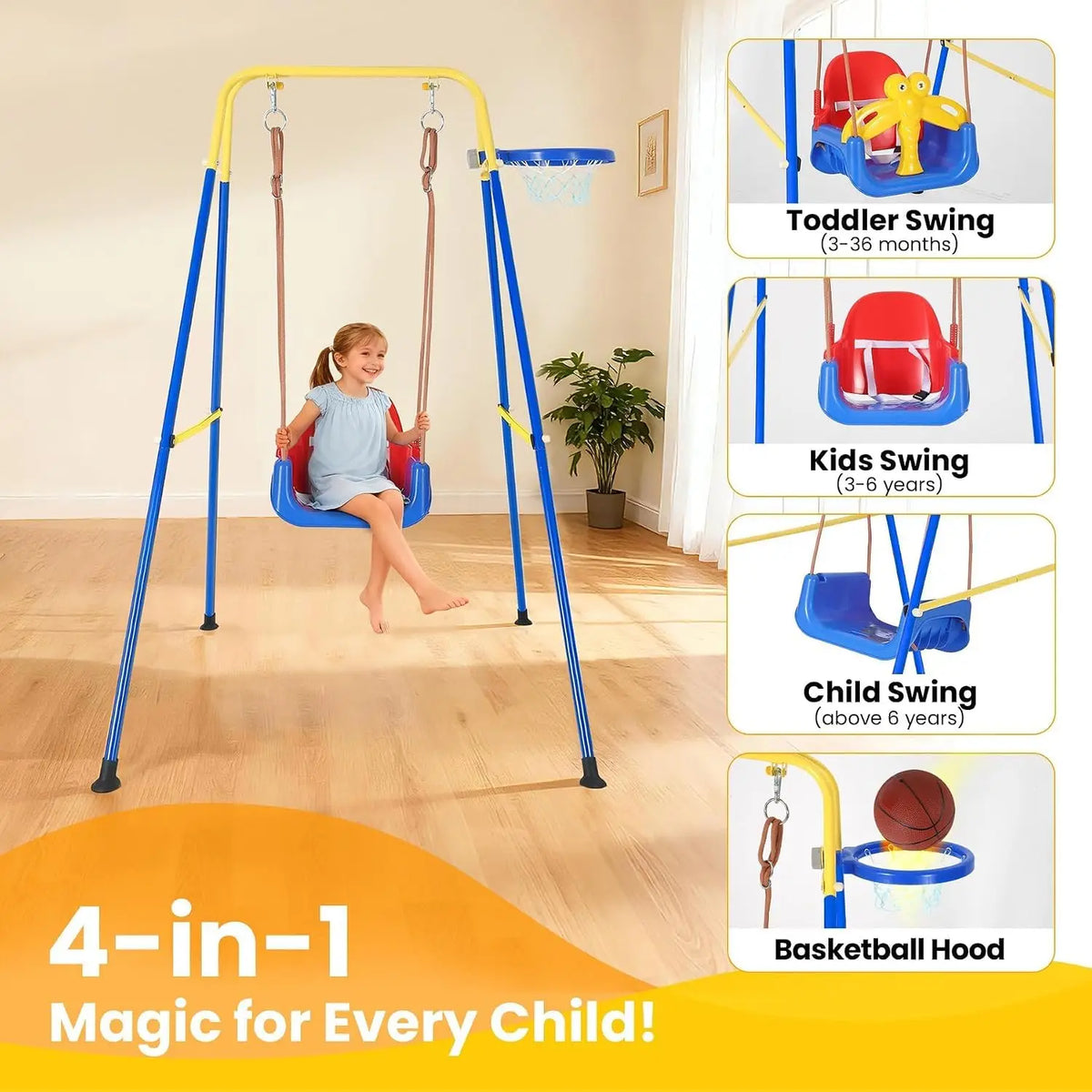 Twister.Ck 4-In-1 Foldable Toddler Swing Set With Basketball Hoop