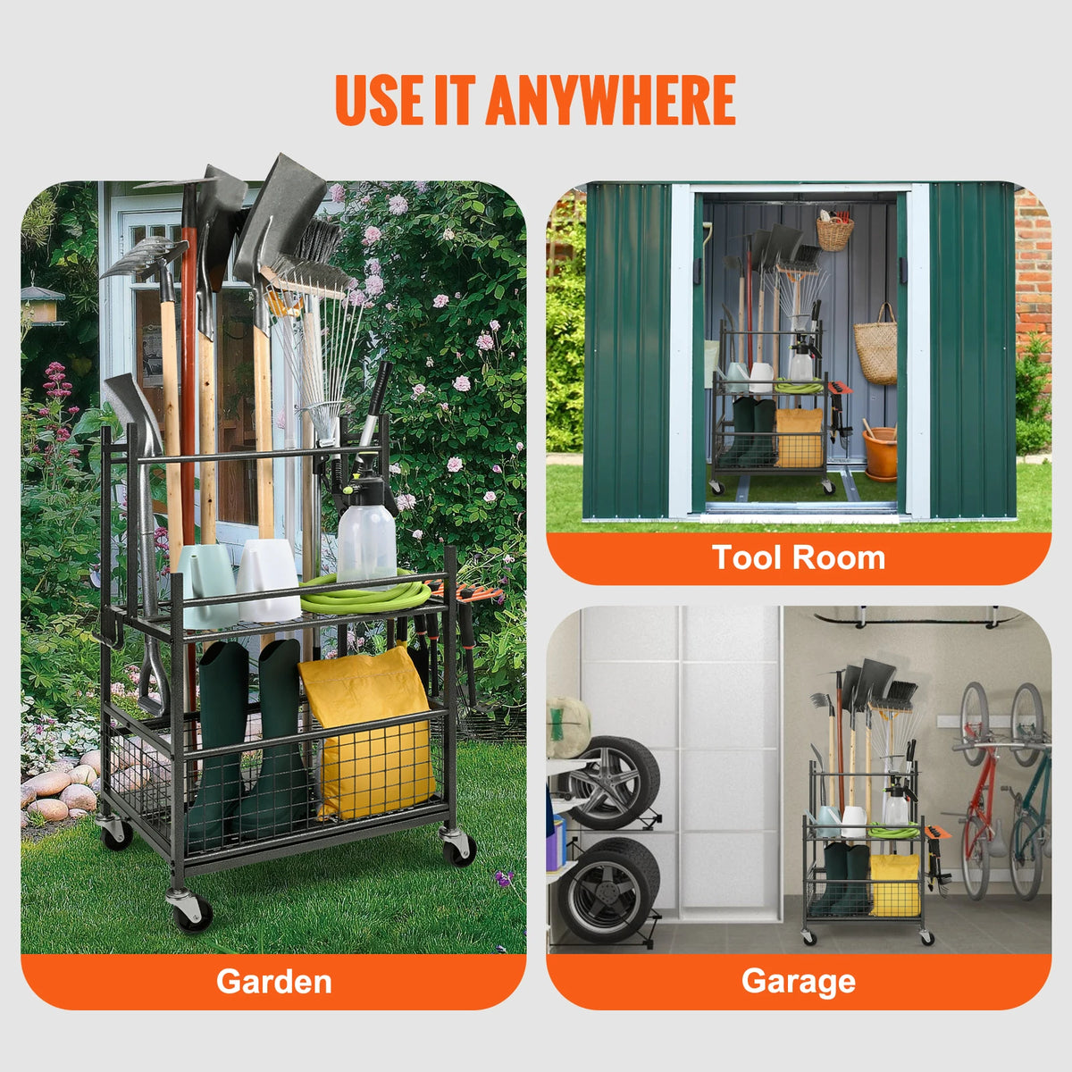 SucceBuy Garden Tool Organizer Rack With Hooks And Wheels