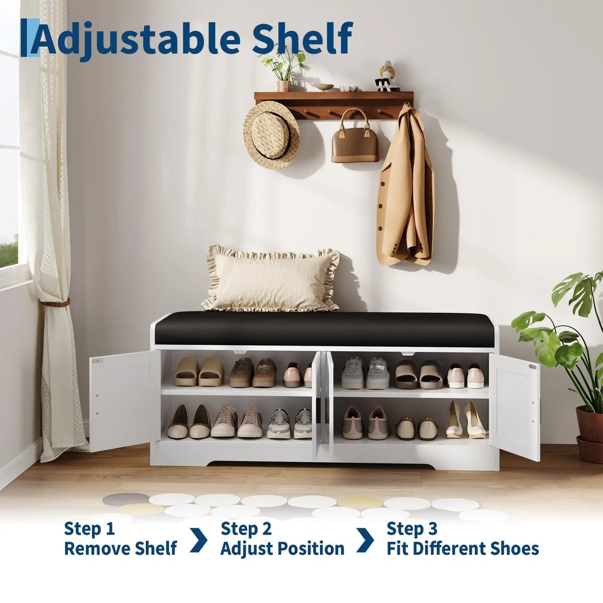 HiMISS Wood Storage Bench With Padded Cushion And Shoe Cabinet