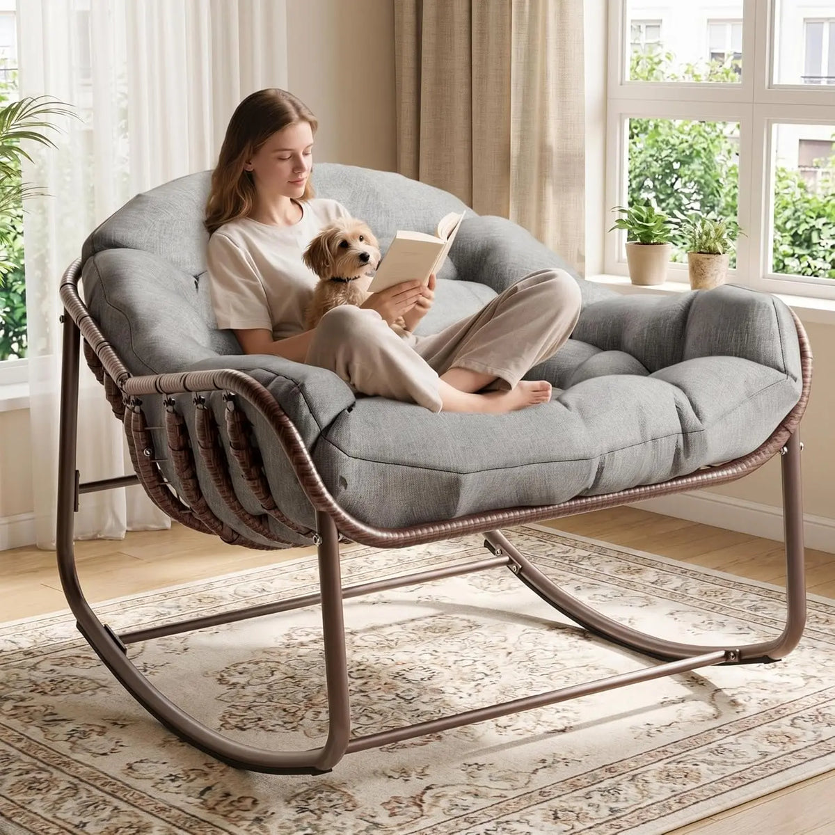 HiMiss Outdoor Papasan Egg Rocking Chair Wicker Cushion For Patio