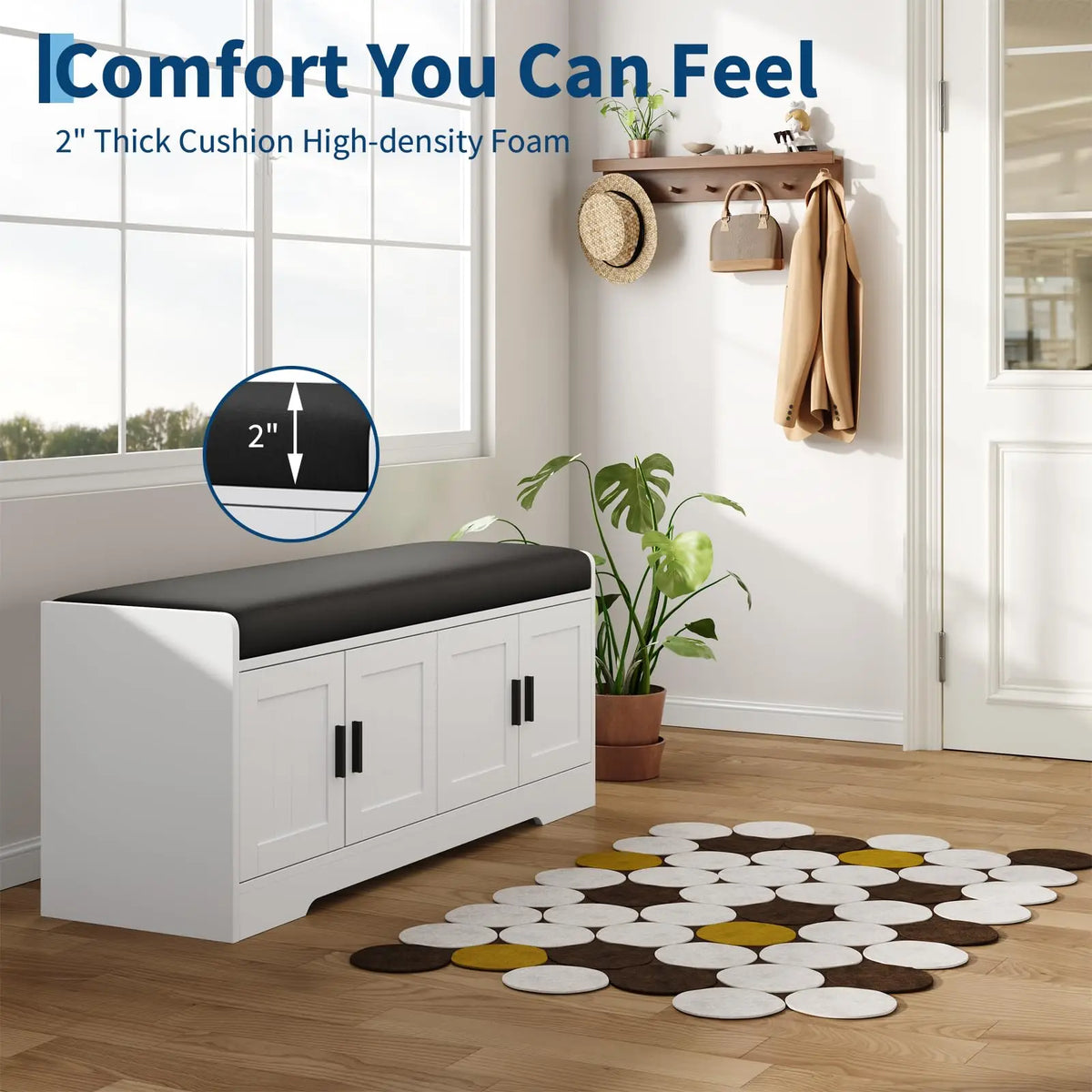 HiMISS Wood Storage Bench With Padded Cushion And Shoe Cabinet