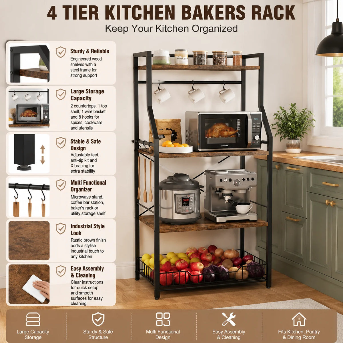 Industrial 4 Tier Steel Bakers Rack With Wire Basket Hooks