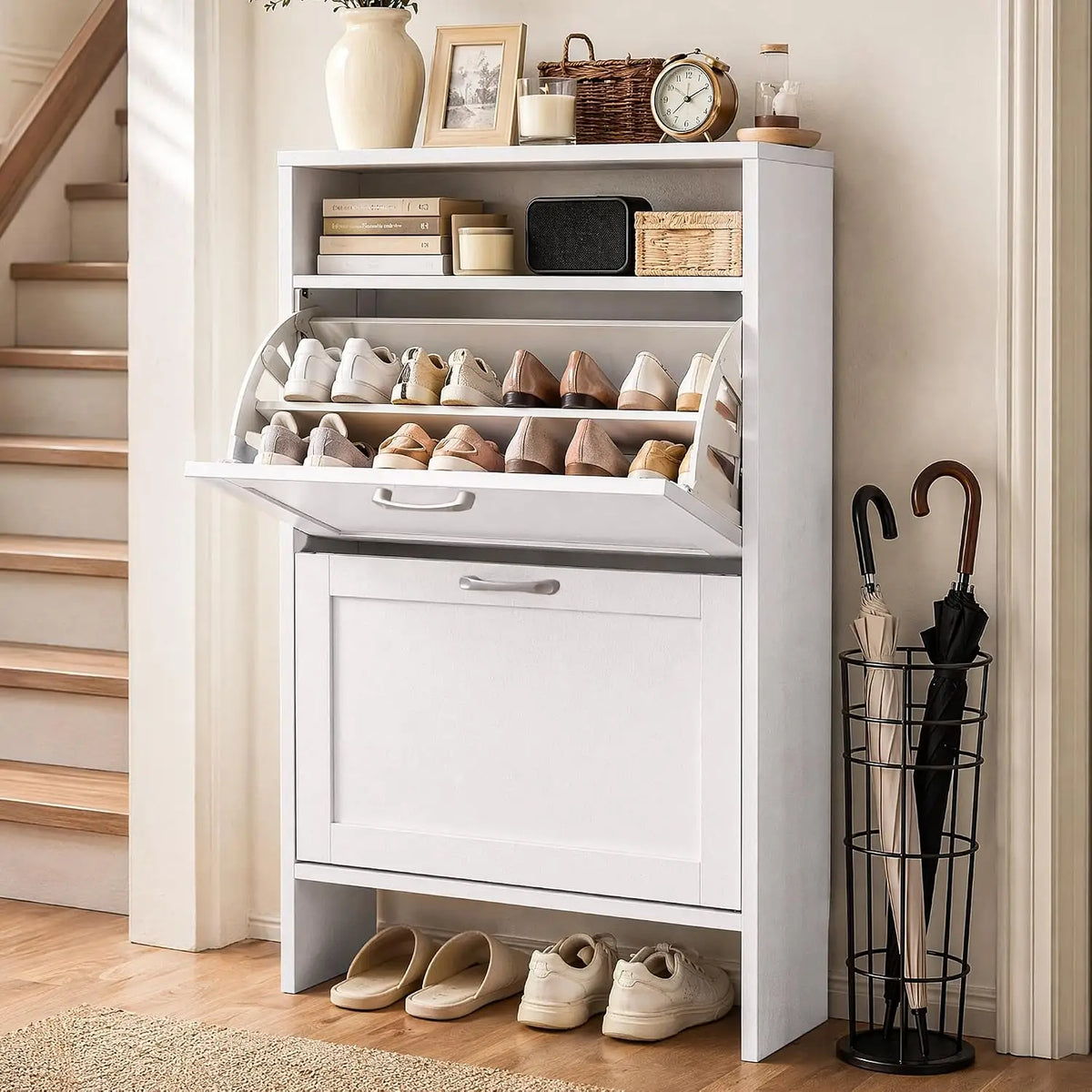 Wooden Shoe Storage Cabinet With Double Layer Flip Drawers