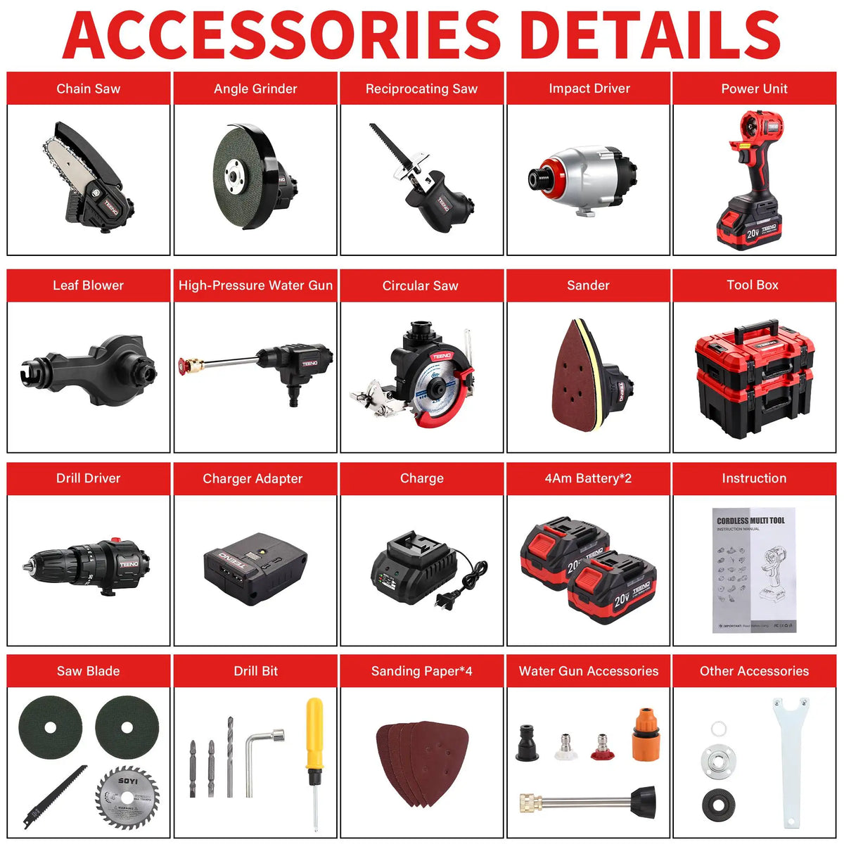 20V Cordless Interchangeable Power Tool Combo Kit With Batteries