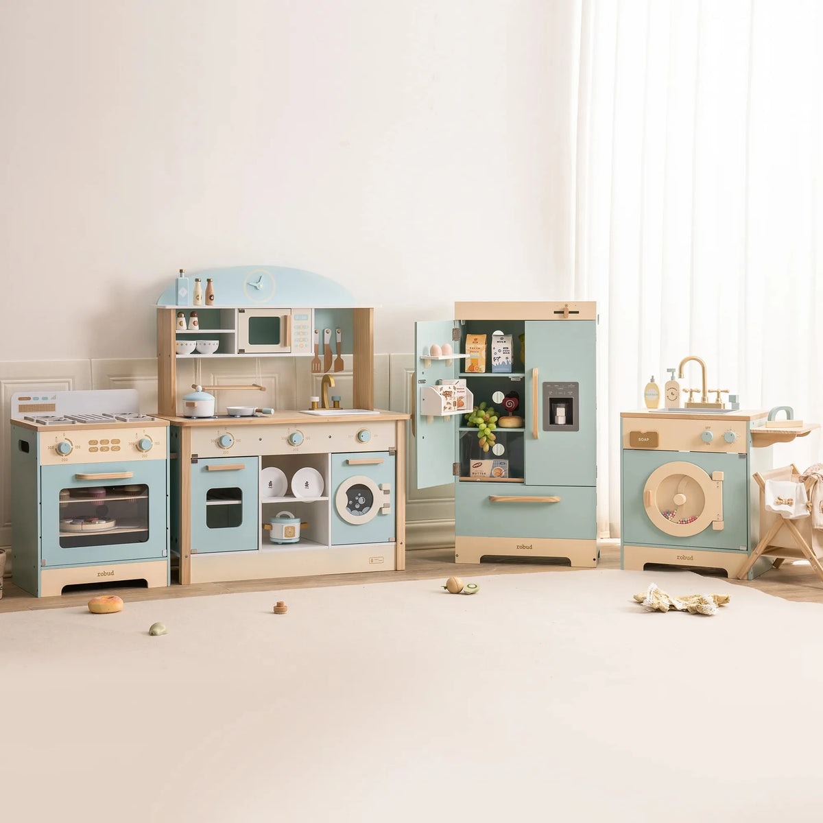 Robud Kids Wooden Play Kitchen Set All In One With Oven Refrigerator